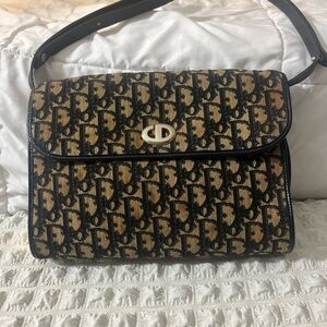 Authentic Vintage Dior Blue and Tan Monogram Shoulder Bag